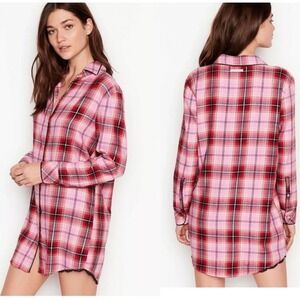 Victoria's Secret flannel plaidsleep shirt pajama  button front long sleeve Sz S